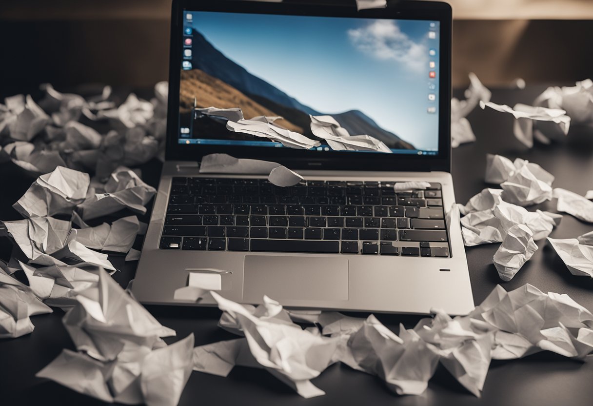 A laptop surrounded by crumpled papers and a broken pencil, with a frustrated expression on a faceless figure in the background