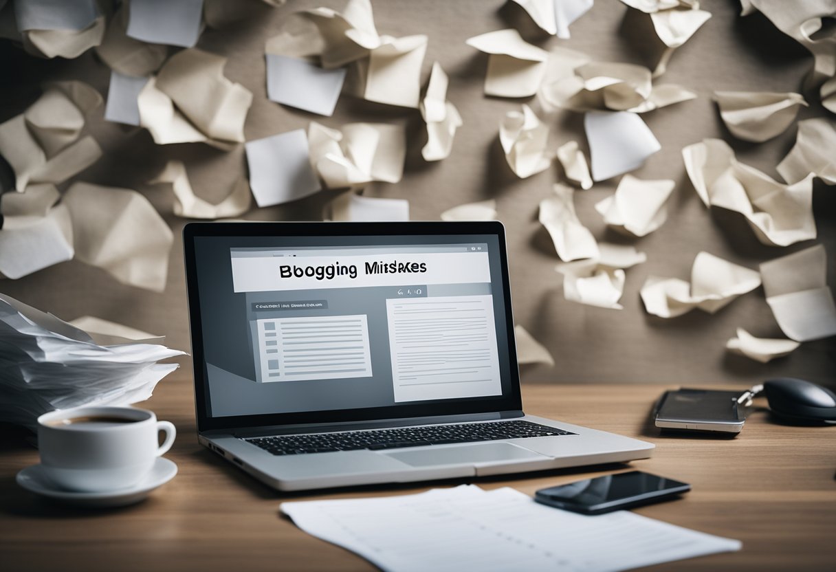 A laptop surrounded by crumpled paper, with a list of "Top 7 Blogging Mistakes to Avoid" on the screen