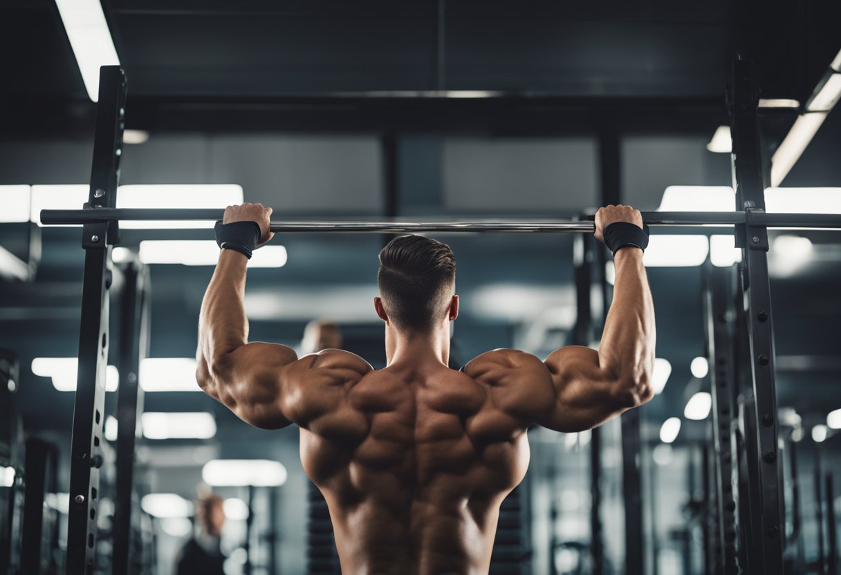 A person performing pull-ups on a sturdy bar, with a weightlifting belt around their waist and their back muscles engaged