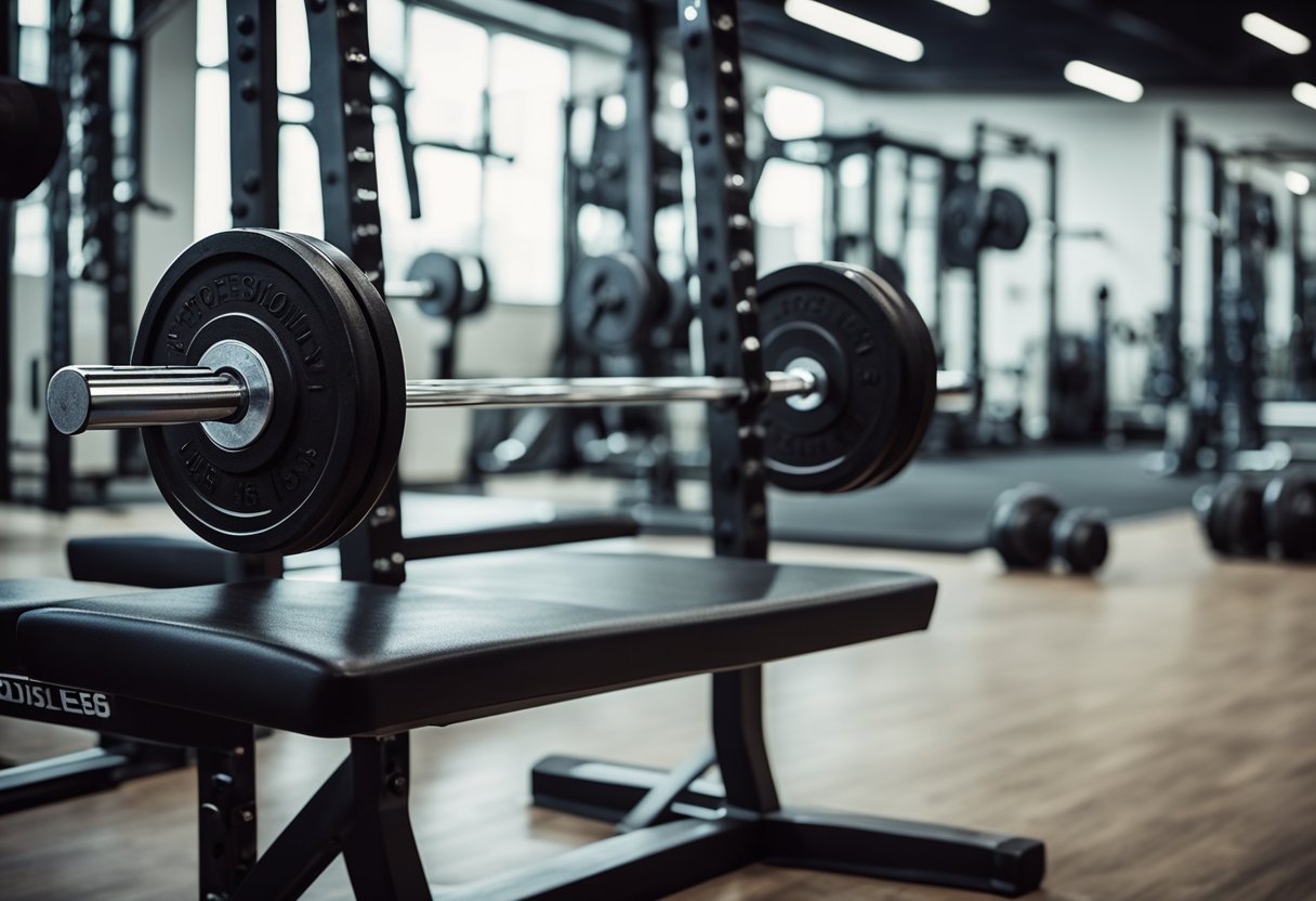 A weightlifting barbell rests on a rack, surrounded by various gym equipment. The room is well-lit, with motivational posters on the walls