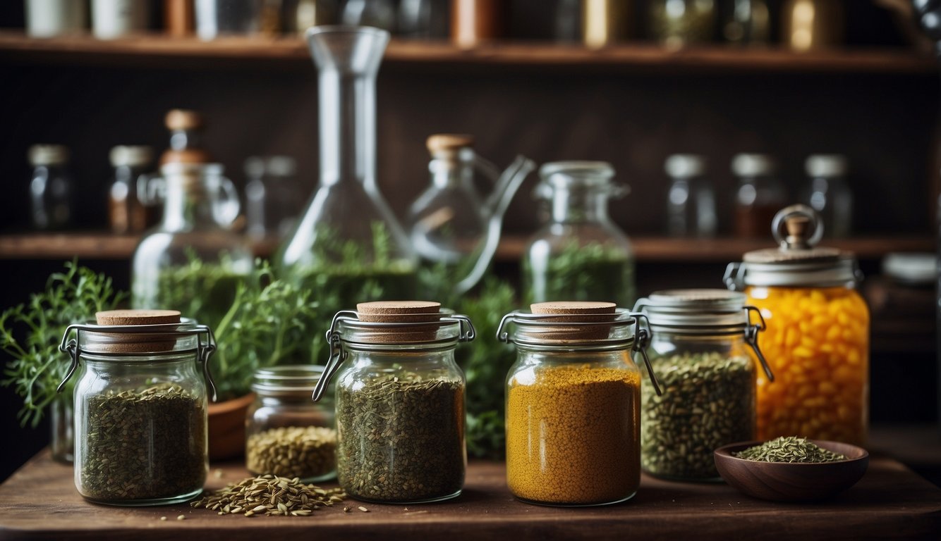 A mortar and pestle crushes dried herbs. Glass jars line the shelves, filled with colorful tinctures and oils. A distillation apparatus bubbles and steams, extracting the essence of the plants