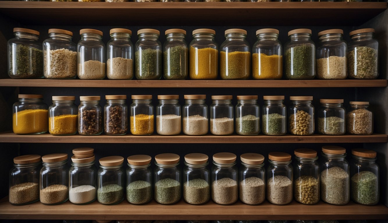 Various jars, bottles, and containers neatly arranged on shelves. Labels indicate different herbs and their uses. Mortar and pestle, scales, and other equipment are neatly organized nearby