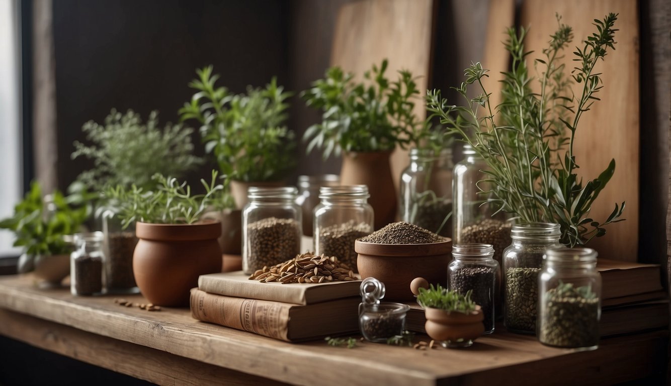 A table with mortar and pestle, jars of dried herbs, books, and plant specimens. A poster of medicinal plants hangs on the wall