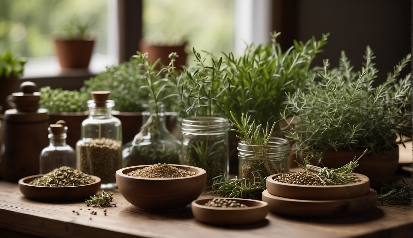 A table displays various herbs and herbalist equipment