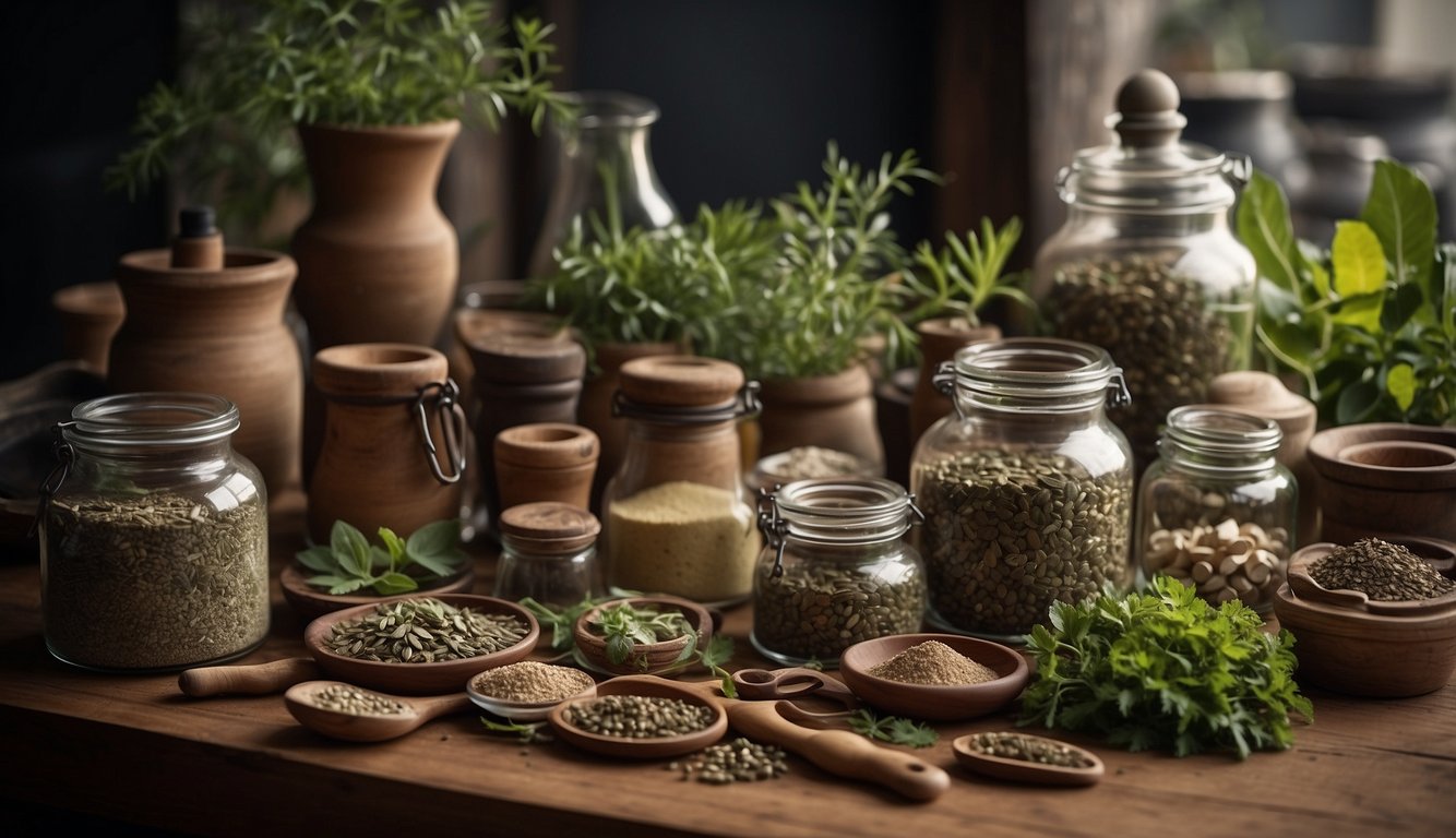 An organized table displays various herbalist equipment, including mortar and pestle, scales, jars, and botanical specimens