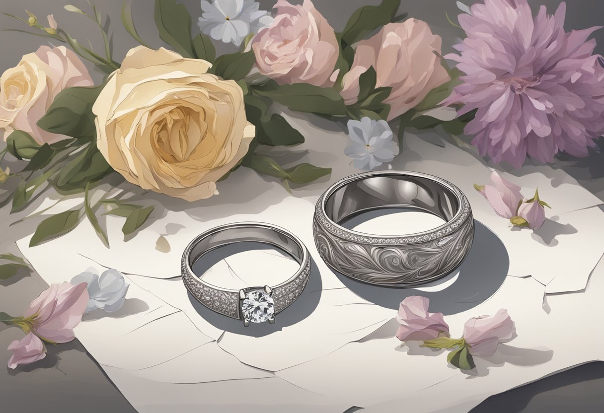A broken wedding ring lies on a table, surrounded by wilted flowers and a torn photograph