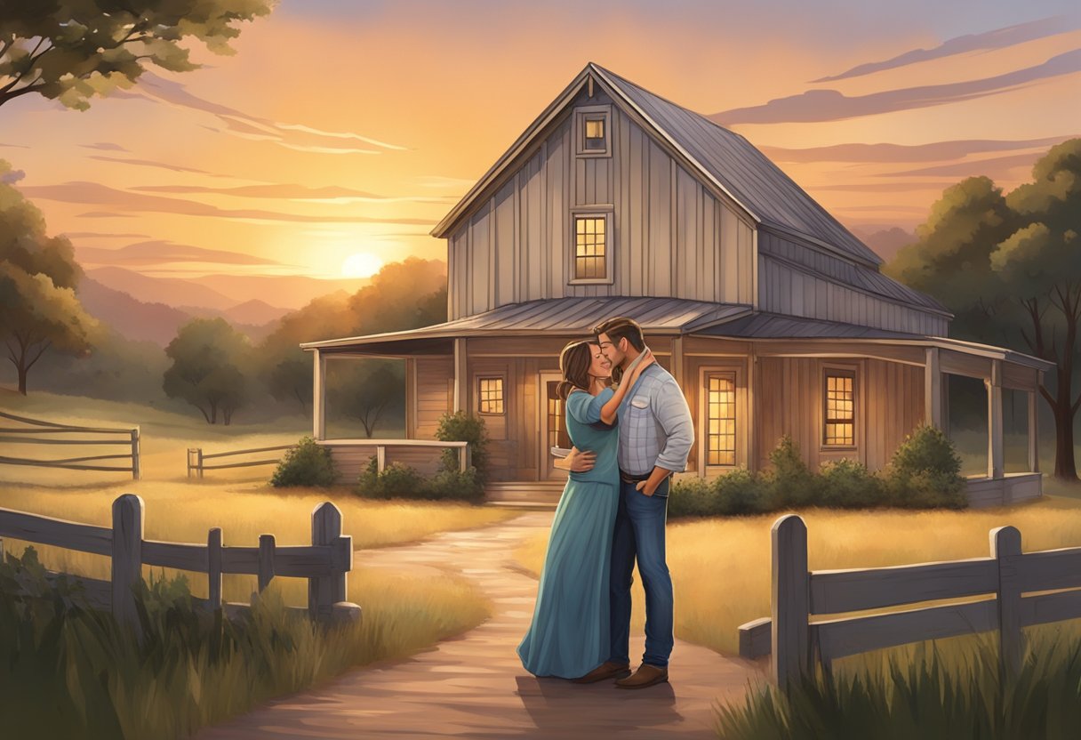 Chip and Joanna embrace under a Texas sunset, surrounded by the rustic charm of their farmhouse