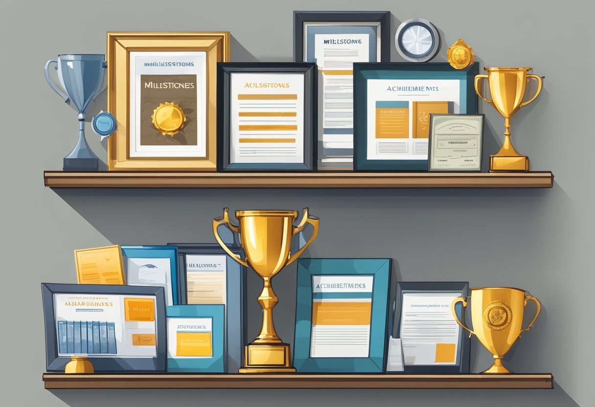A wall covered in framed awards and certificates, with a large trophy sitting on a shelf. A banner with the words "Milestones and Achievements" hangs above the display