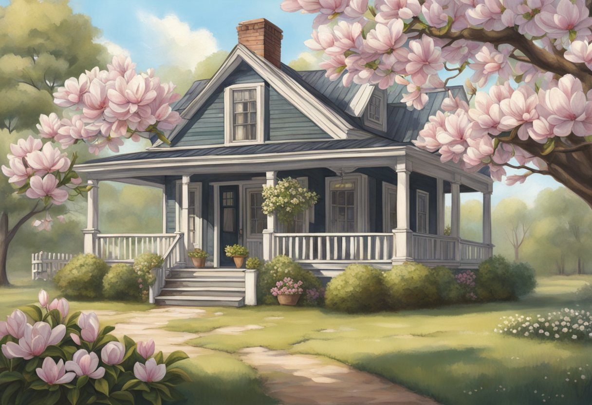 A rustic farmhouse surrounded by blooming magnolia trees, with a vintage sign reading "Magnolia Brand" hanging from the front porch