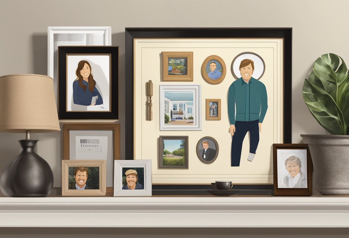 In a quiet room, a framed photo of Chip Gaines and his first wife sits on a shelf, surrounded by family mementos and cherished items
