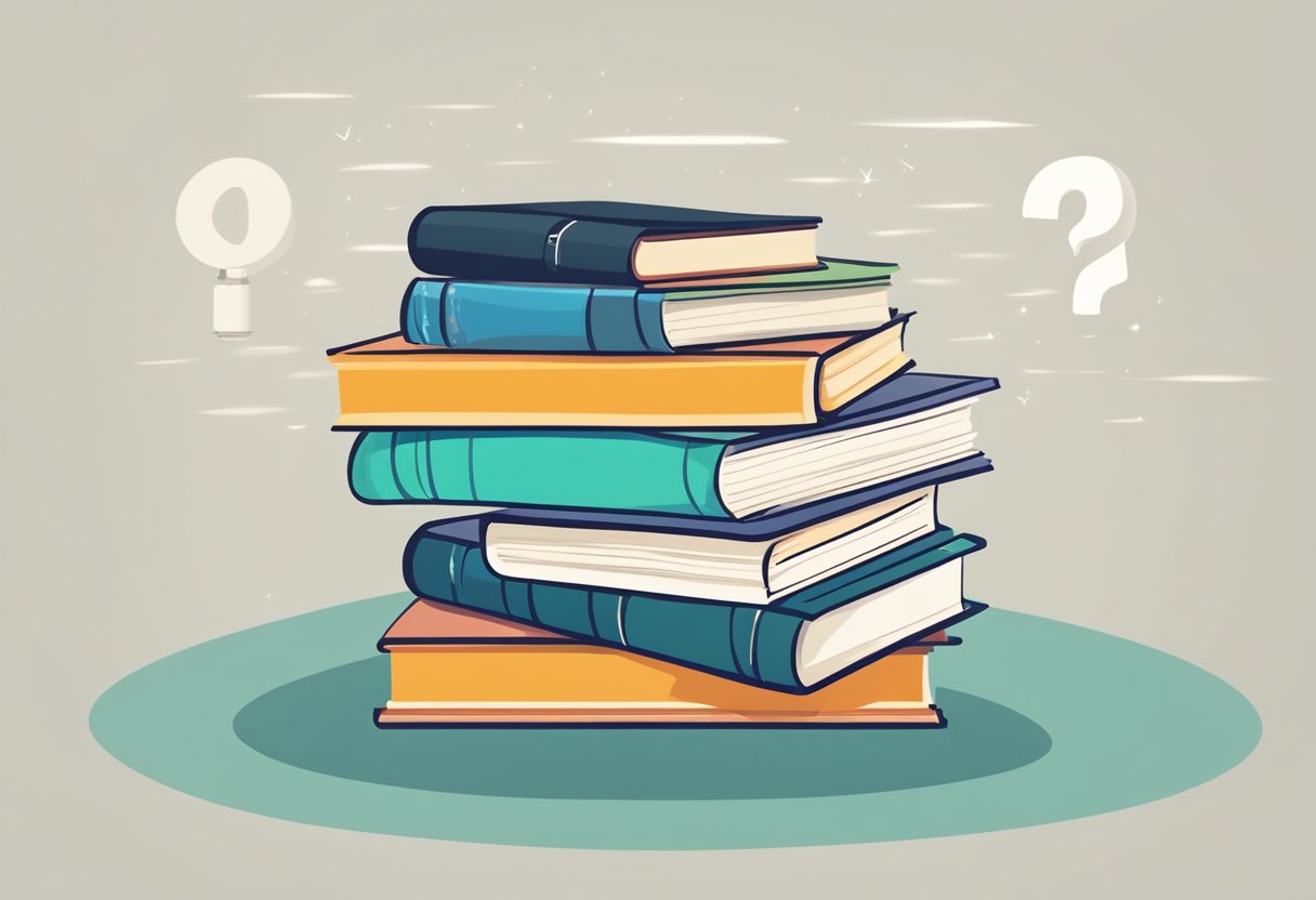 A stack of books with "Frequently Asked Questions" on the cover, surrounded by question marks and a spotlight