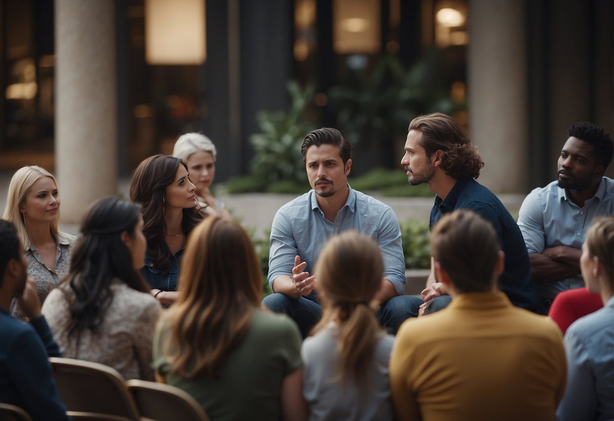 People gathered in a circle, listening intently as one person speaks openly about their emotions. Others nod in understanding, showing empathy and support