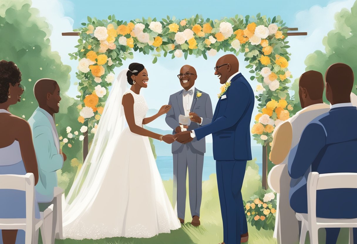 Al Roker's first marriage: A joyful outdoor wedding ceremony with a beautiful floral backdrop and a beaming couple exchanging vows