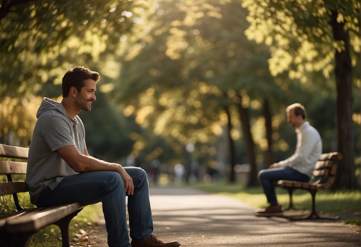 A person sitting on a park bench, surrounded by nature, talking to a friend or therapist. The person's body language shows relief and relaxation, indicating the benefits of talking about their feelings