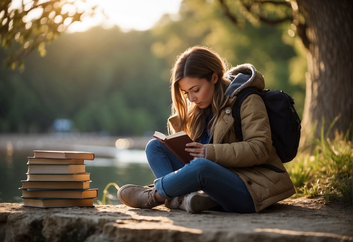 A person sitting alone in a peaceful, natural setting, surrounded by supportive symbols like books, a journal, and a phone with friends' numbers