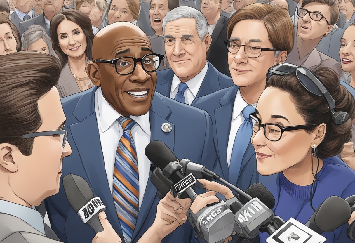 Al Roker's first wife's absence is the focus of media attention. The spotlight shines on him, surrounded by reporters and cameras