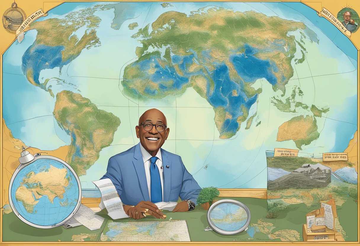 Al Roker's legacy depicted through a weather map with his iconic catchphrase "Here's what's happening in your neck of the woods" displayed prominently