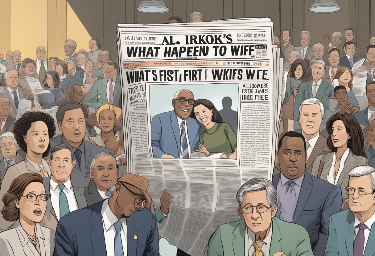 A stack of newspapers with the headline "What happened to Al Roker's first wife" surrounded by curious onlookers