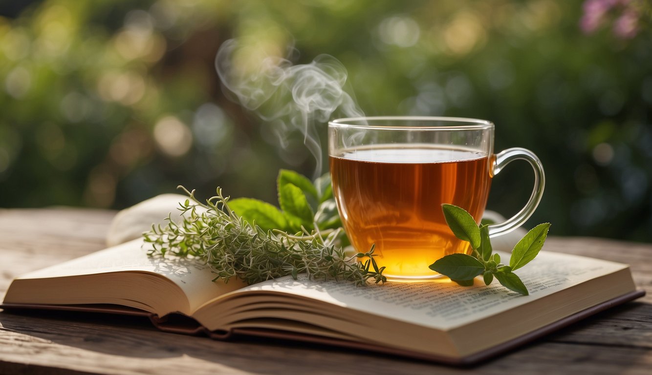 A steaming cup of herbal tea sits on a wooden table, surrounded by various herbs and plants. A book titled "Herbal Tea and Its Properties" is open next to the cup