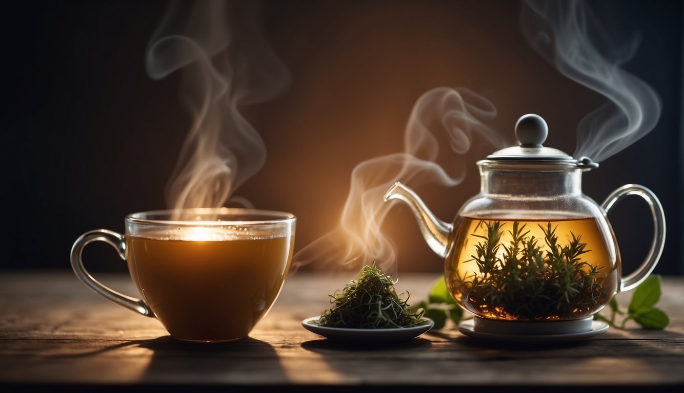 A steaming cup of herbal tea sits next to a timer indicating the end of a fast. The tea's aroma wafts through the air, enticing and comforting