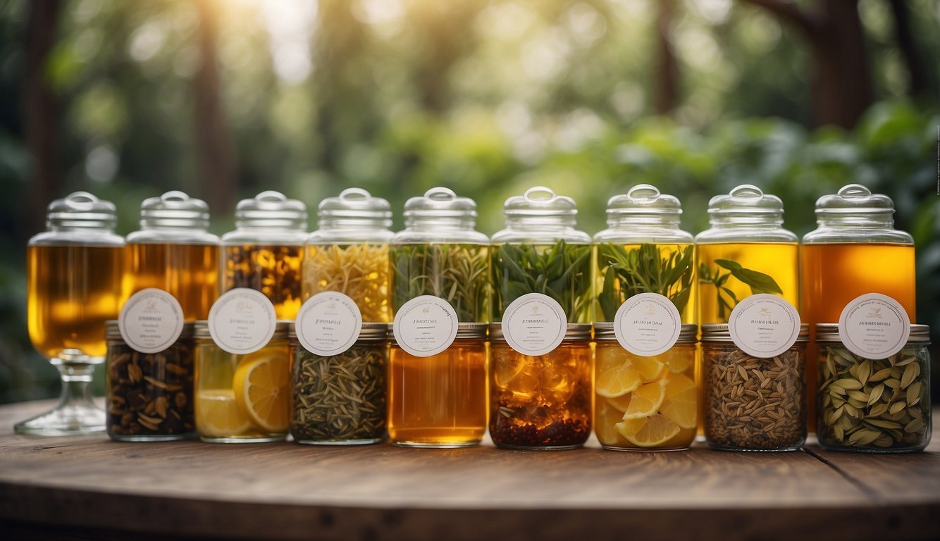 A variety of herbal tea options displayed on a table with labels indicating their suitability for fasting