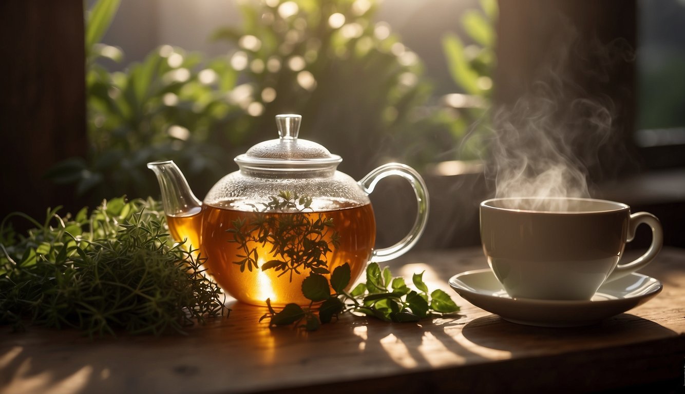 A steaming cup of herbal tea sits on a wooden table, surrounded by fresh herbs and a delicate teapot. A ray of sunlight filters through the window, casting a warm glow over the scene