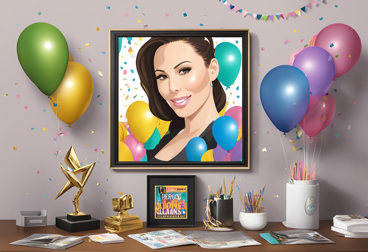 A trophy sits on a desk next to a framed magazine cover featuring Gianna Michaels. The room is filled with celebratory balloons and confetti, indicating her peak career success