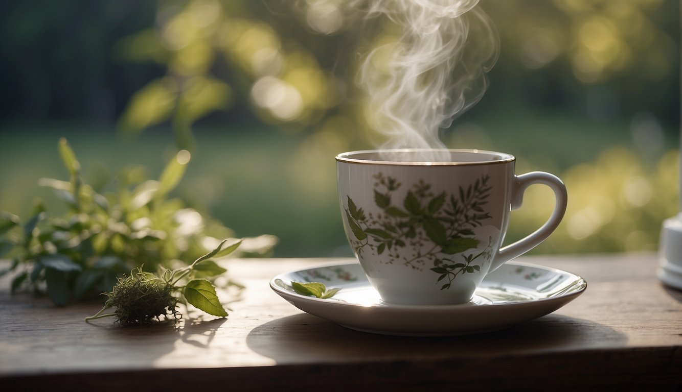 A steaming cup of herbal tea sits on a clean, minimalist table, surrounded by a serene and peaceful atmosphere