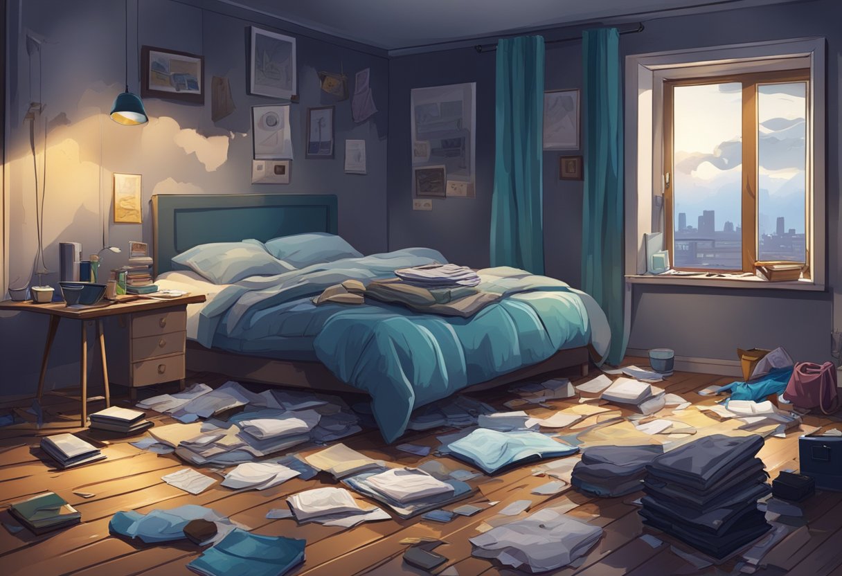 A disheveled bedroom with scattered clothes and a tear-stained diary on the floor. An open window reveals a stormy night outside