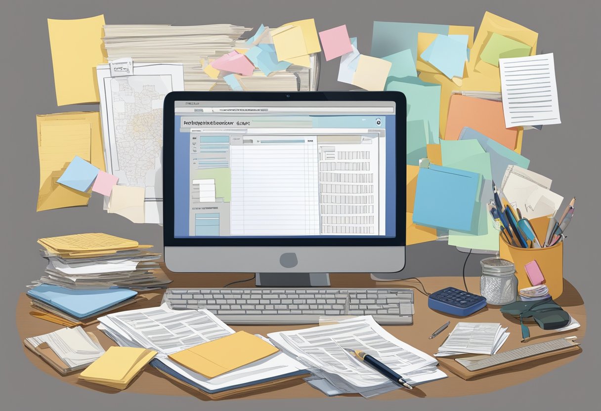 A cluttered desk with a computer screen displaying the search query "What happened to Martha Mitchell's daughter" surrounded by scattered papers and a pen