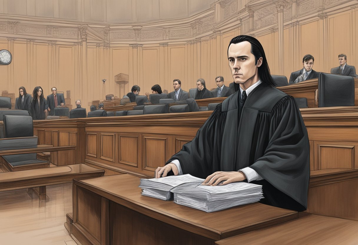 Damien Echols' son is lost in a courtroom, surrounded by legal documents and a judge's bench