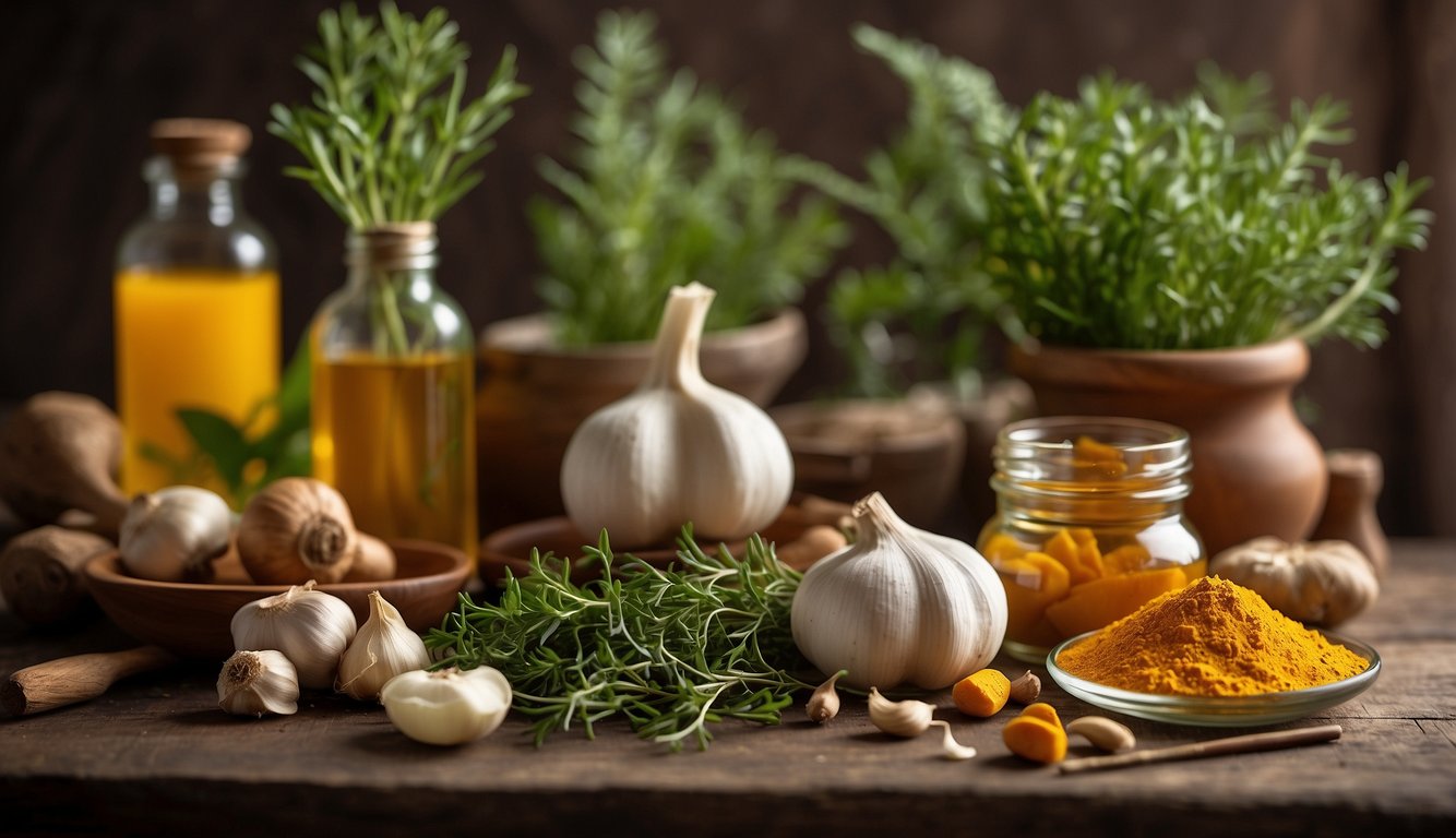 A variety of herbs and plants, such as garlic, ginger, and turmeric, are displayed alongside a toothbrush and dental floss, symbolizing natural remedies for gum infections