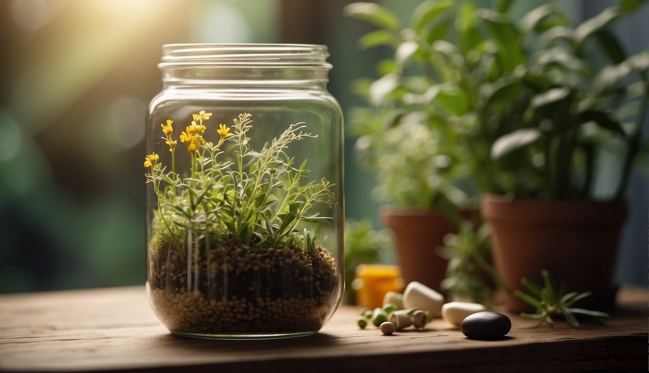 A jar of natural antibiotics surrounded by herbs and plants, with a tooth suffering from a gum infection in the background