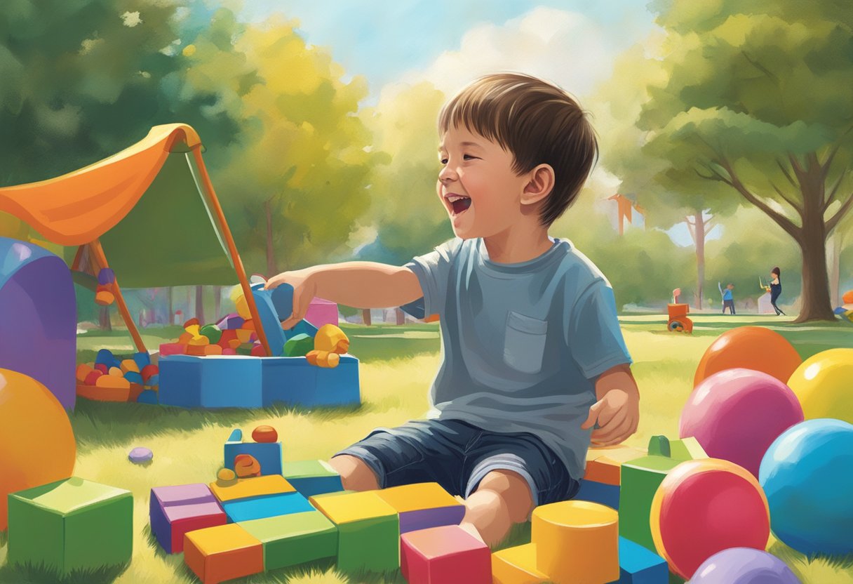 Damien Echols' son playing alone in a sunlit park, surrounded by colorful toys and laughing joyfully