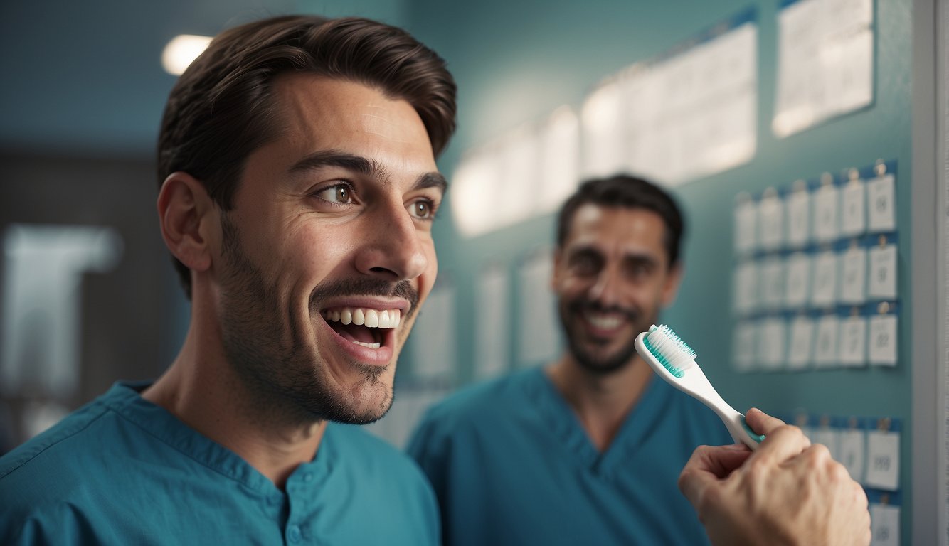 A person holding a toothbrush and pointing to their mouth with a painful expression, while a calendar on the wall shows the current date with the words "When to See a Dentist" written on it