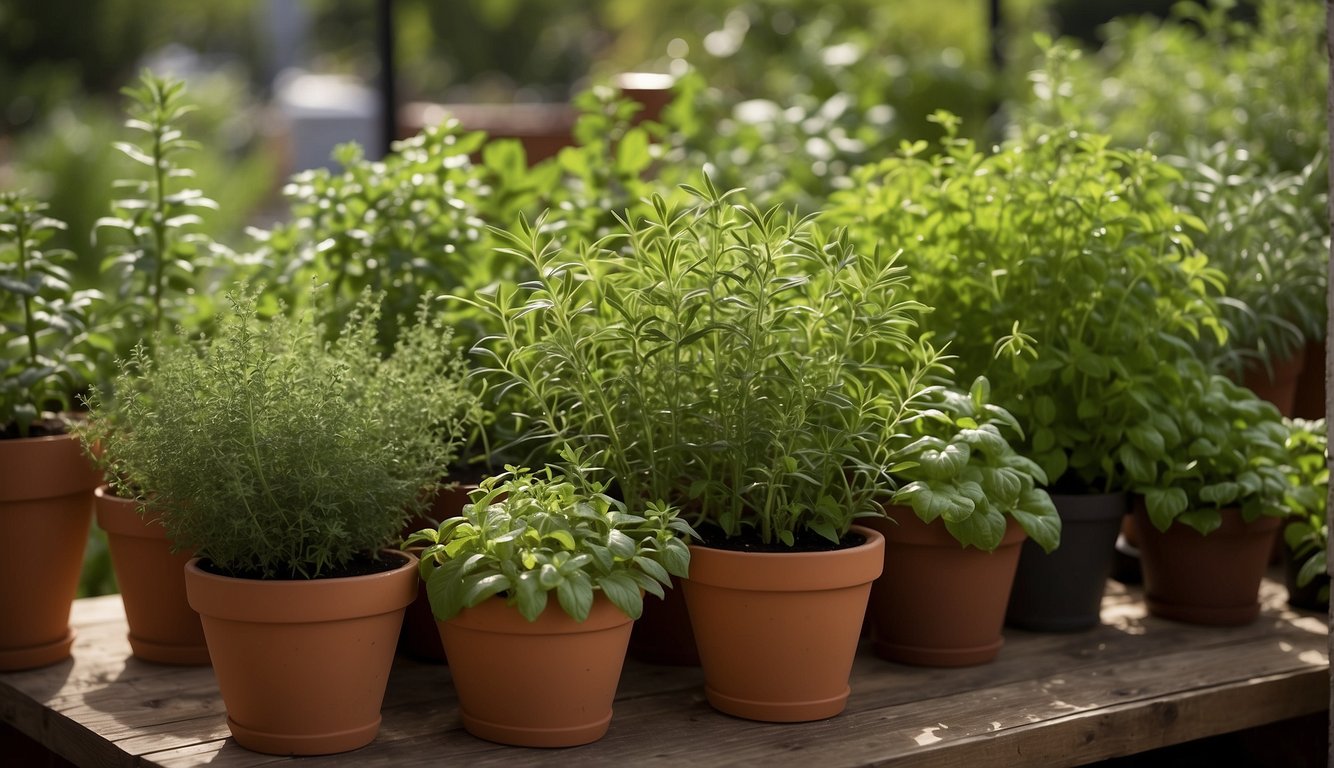 Herbs thrive in Florida's sunny container garden, with basil, rosemary, and mint flourishing in pots. Vibrant green leaves and fragrant aromas fill the outdoor space