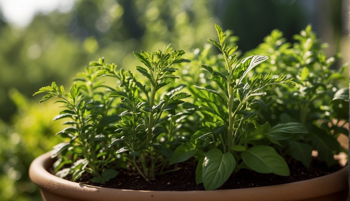 Lush green herbs thrive in a sunny Florida garden. Tall, vibrant basil and fragrant rosemary grow alongside delicate parsley and mint. The warm sun and humid air create the perfect environment for flourishing herb plants