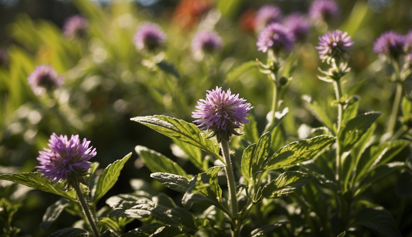 Herbs thriving in a sunny Florida garden, surrounded by lush green foliage and vibrant flowers. The warm climate and rich soil contribute to their healthy growth and abundant benefits