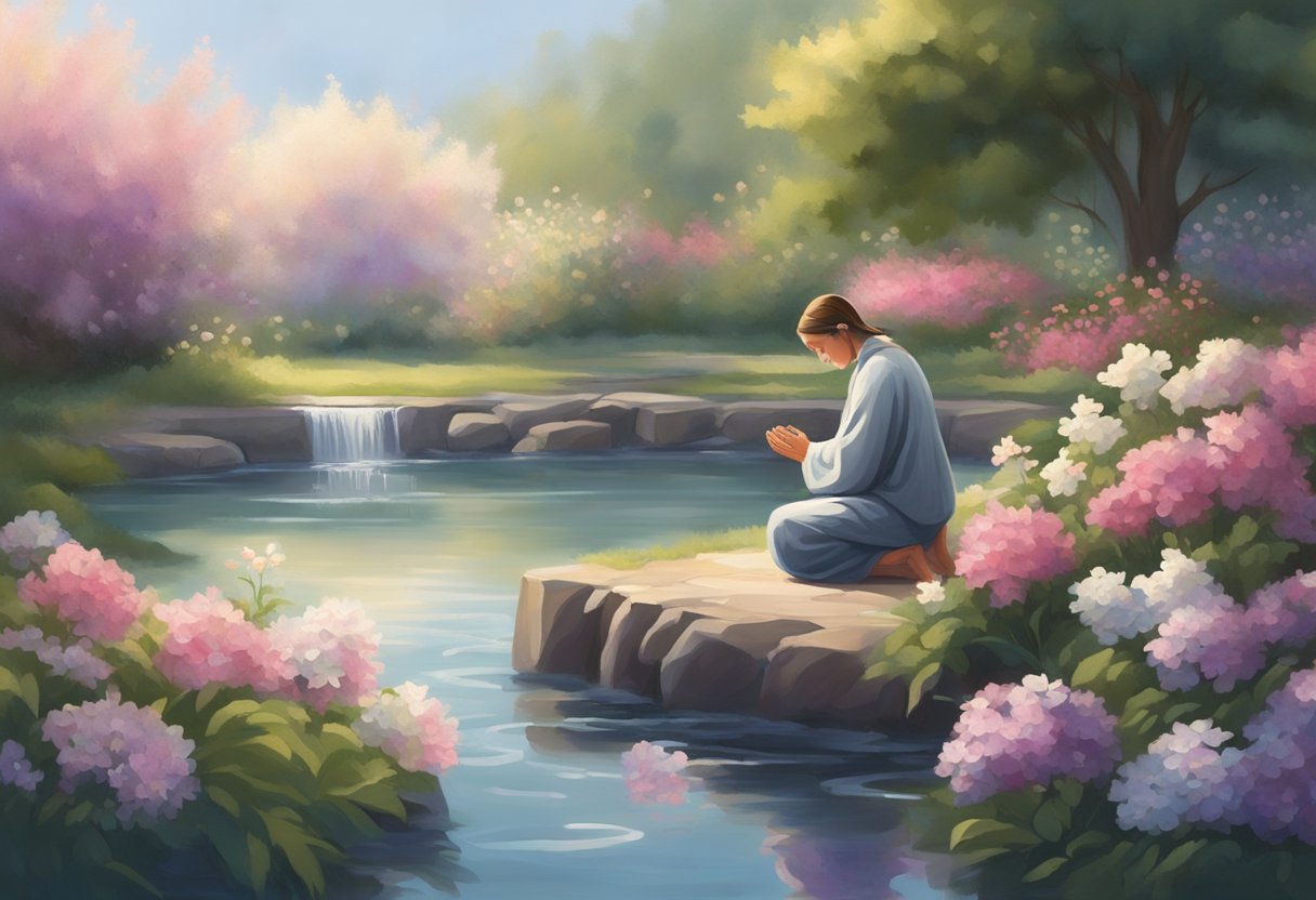 A figure kneels in a peaceful garden, surrounded by blooming flowers and softly flowing water, head bowed in prayer for healing from chronic illnesses