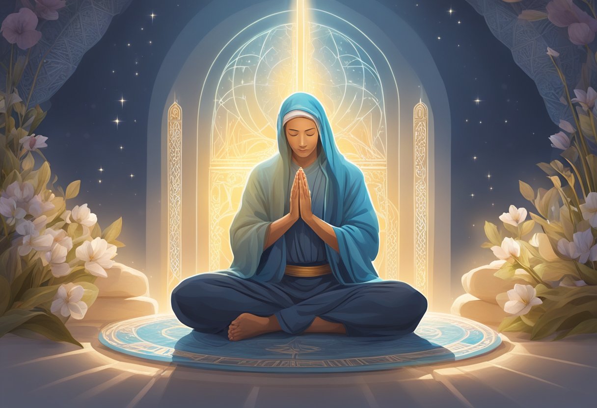A serene figure kneels in prayer, surrounded by symbols of hope and healing. Rays of light shine down, representing faith and strength in the face of chronic illness