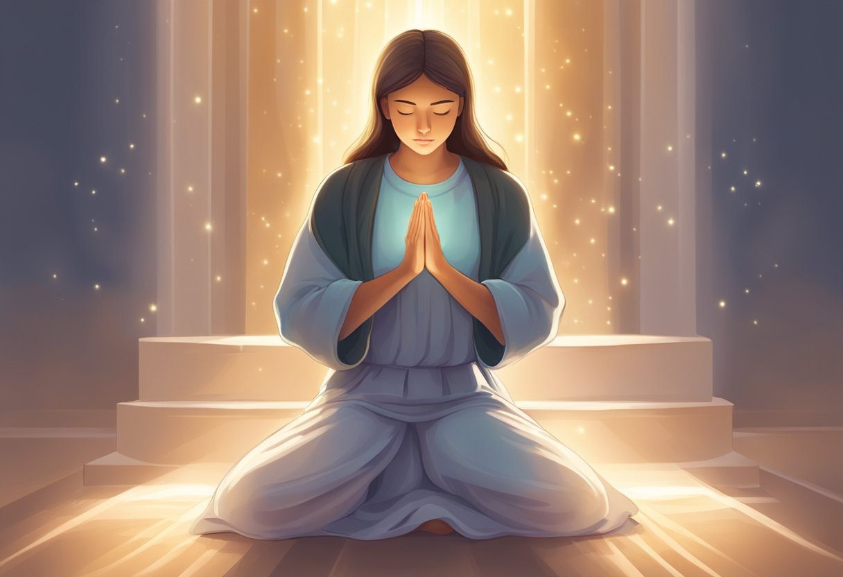 A person kneeling in prayer, surrounded by light and warmth, with a sense of peace and hope emanating from their heart