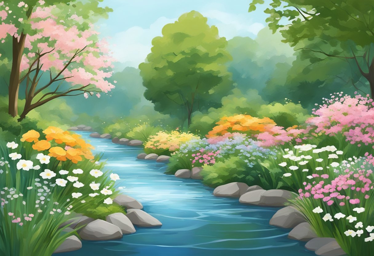 A serene garden with blooming flowers and a gentle breeze, with a stream flowing through, surrounded by tall trees and a clear sky above