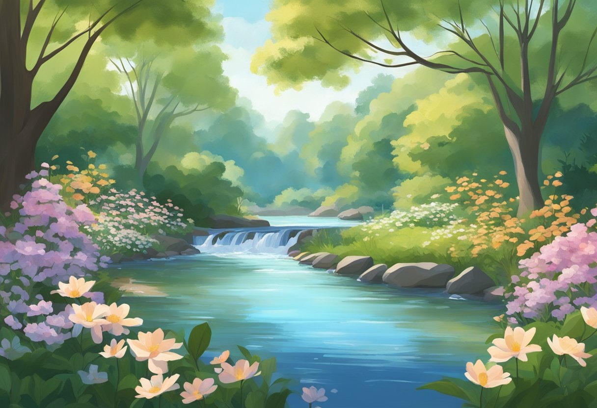 A serene garden with blooming flowers and a flowing stream, surrounded by tall trees and a clear blue sky. A gentle breeze rustles the leaves, creating a peaceful and refreshing atmosphere