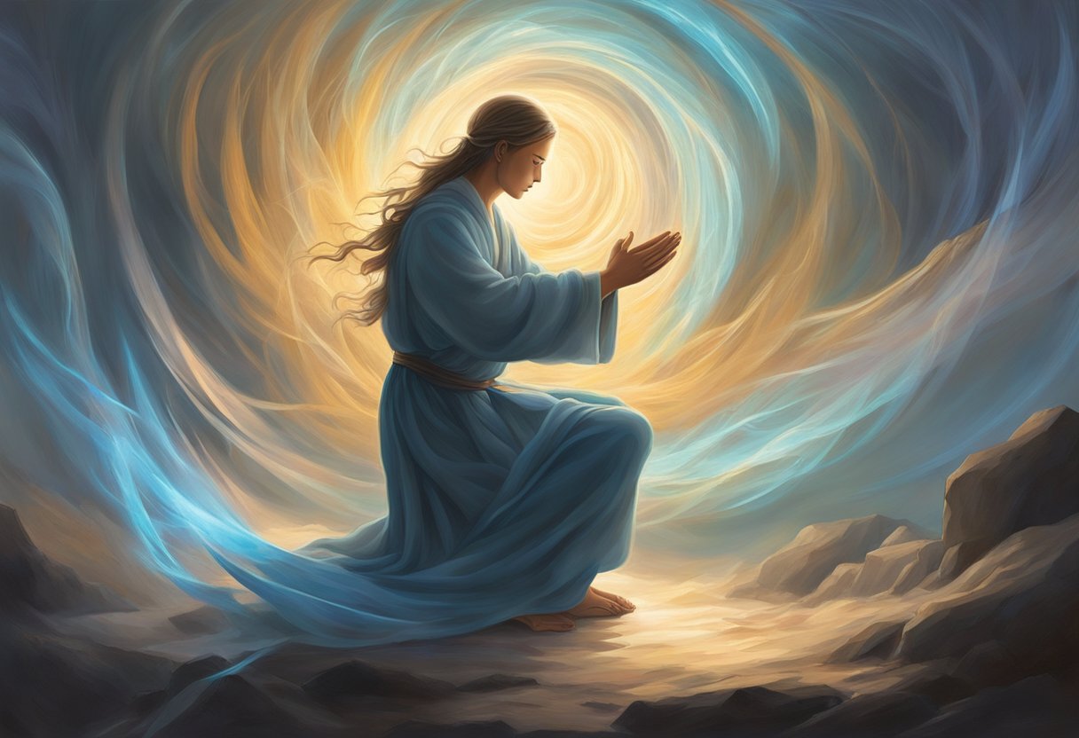 A figure kneels before a glowing, ethereal presence, surrounded by swirling winds and obstacles. The figure's posture exudes determination and hope as they reach out in prayer