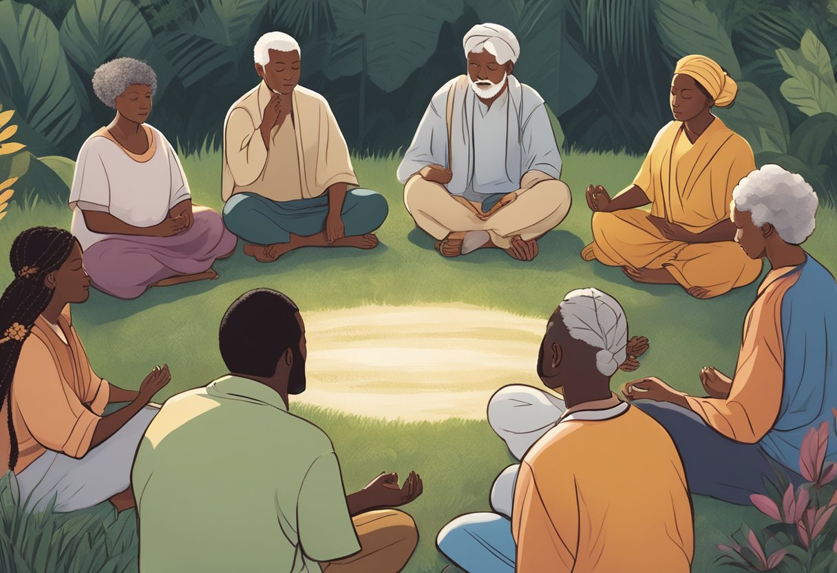 A group of diverse individuals gather in a circle, surrounded by nature. Their eyes are closed in deep concentration as they engage in spiritual prayers for renewal and refreshment