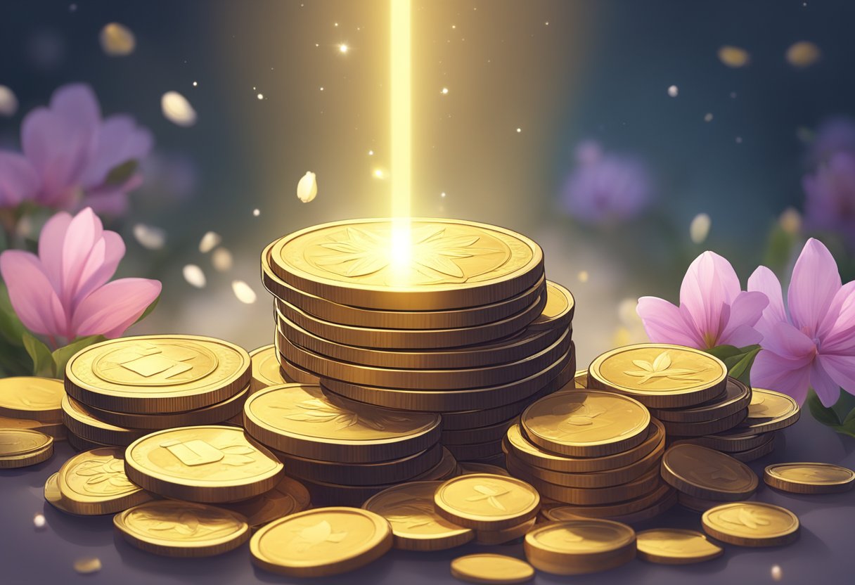 A beam of light shining down on a pile of coins, surrounded by blooming flowers and a sense of tranquility
