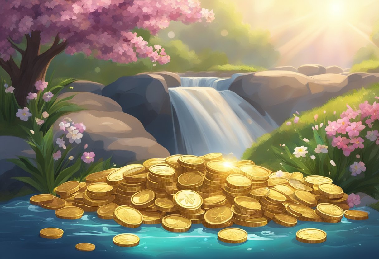 A beam of light shines down on a pile of coins, surrounded by blooming flowers and a flowing stream, symbolizing prosperity and blessings on finances