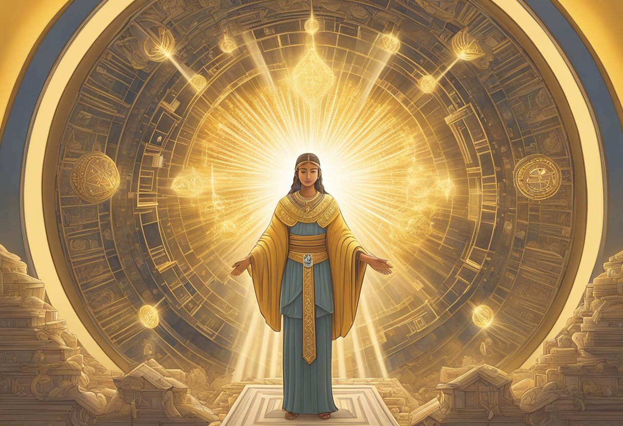 A serene, open-handed figure stands in a beam of light, surrounded by symbols of wealth and abundance. Rays of light emanate from above, signifying divine blessings on finances