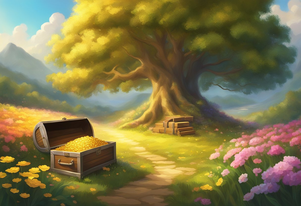 A golden beam of light shines down onto a pile of overflowing treasure chests, surrounded by blooming fields and flourishing trees