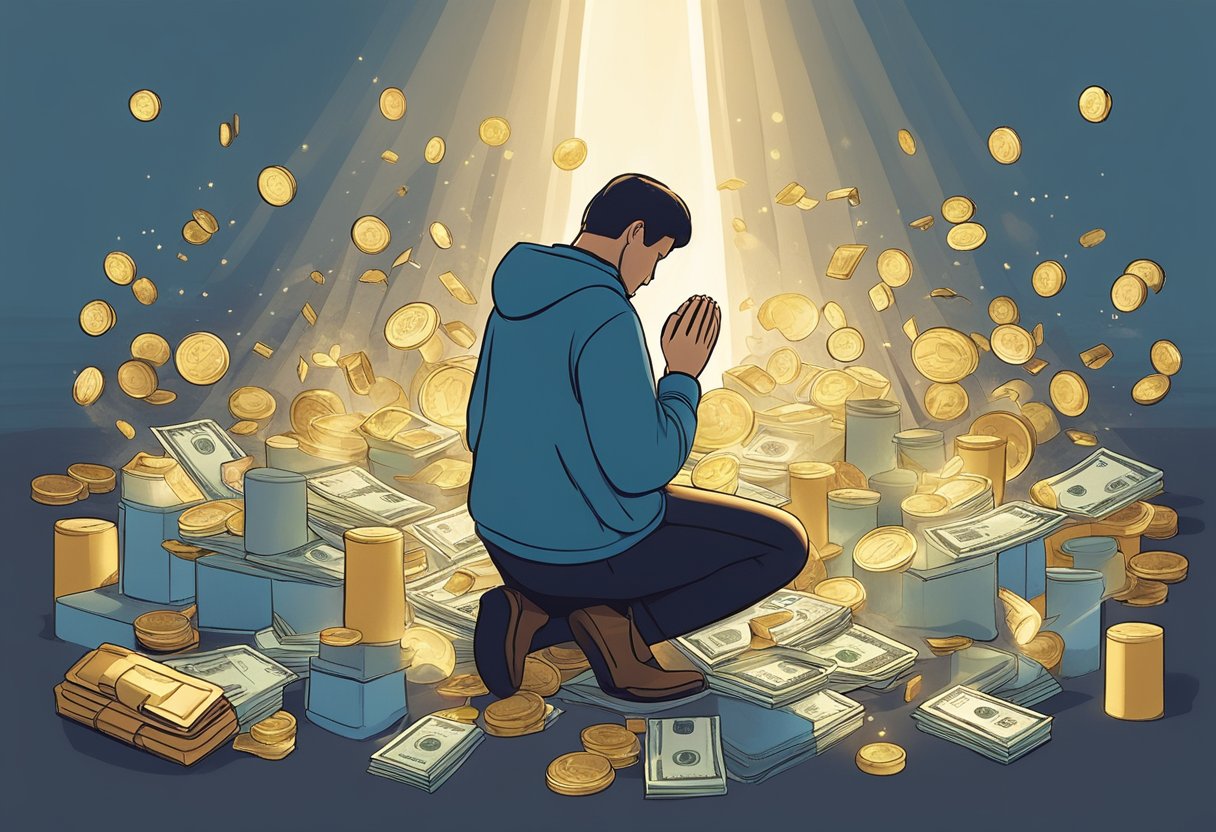 A person kneeling in prayer, surrounded by symbols of financial struggle (bills, empty wallet), with a ray of light shining down on them from above